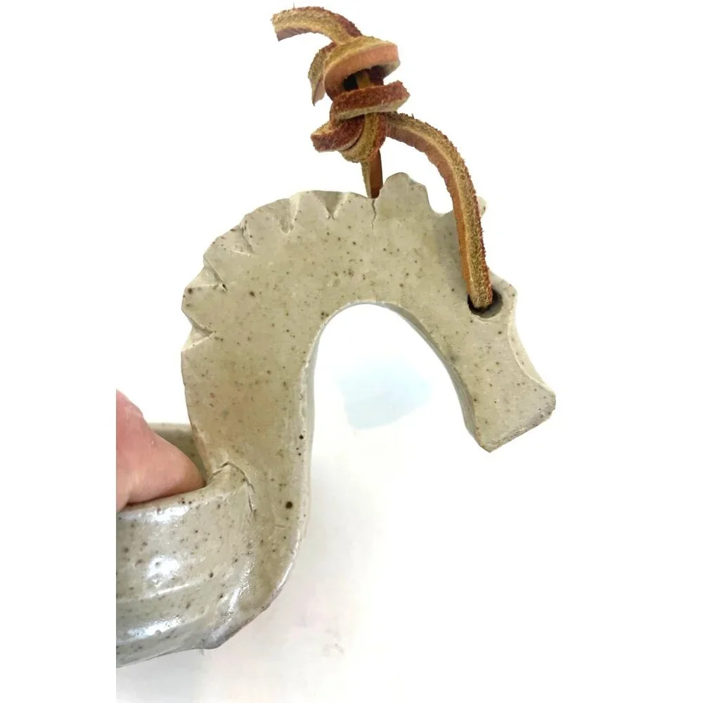Dragon-Shaped Stoneware Ladle With Leather Loop Artist Stamped Made in 1992